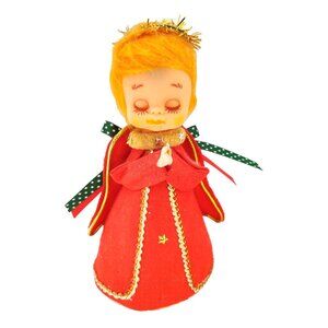 Vintage 1960's Christmas Angel Tree Topper Felt Plastic Head Red Robe